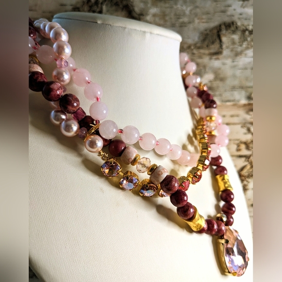 Swarovski Pink & Rose Quartz And Red Turquoise Wrapped Bead Necklace & Earrings - Picture 4 of 12